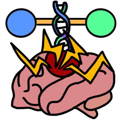 a red circle on a brain, with yellow impact lines coming from it. a string of DNA is hitting it. on either side of the DNA is a circle, both connected to the DNA with a horizontal orange line. they meet at the same level.